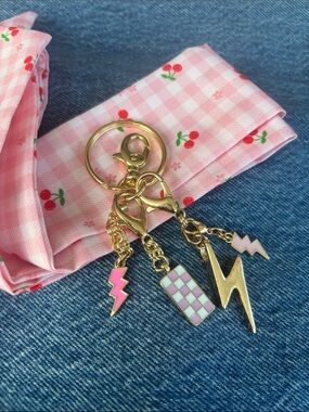 Bag Charm Keychain Gold & Pink Lightning Bolts with Twilly